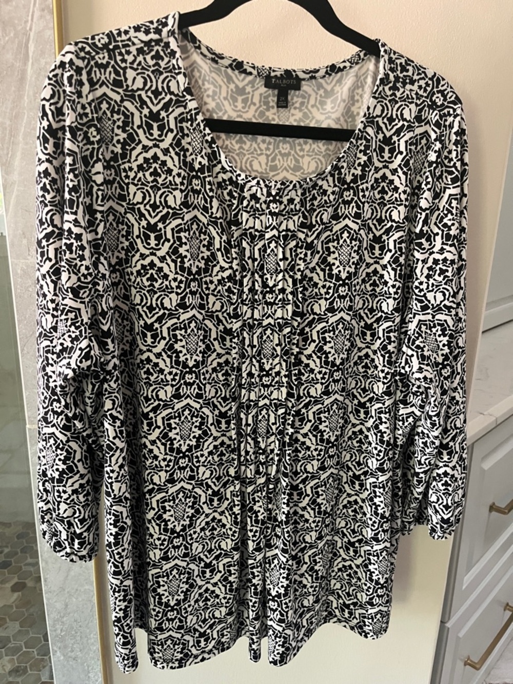 Talbots Black and White Patterned 3/4 Sleeve Scoop-Neck Top 2X